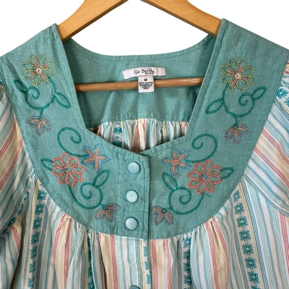 Go Softly Patio House Dress Women's Medium Teal Flowers. - Picture 3 of 6